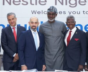 (L - R) Mr. Mauricio Alarcón Market Head of Nestlé Central and West Africa, Mr. Wassim El-Husseini MD/CEO of Nestlé Nigeria Plc, Mr. Gbenga Oyebode (MFR) Board Member and incoming Chairman of the Board of Directors of Nestlé Nigeria Plc and Mr. David Ifezulike outgoing Chairman of the Board of Directors of Nestlé Nigeria Plc just after the company’s AGM today.