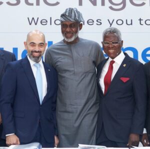 (L - R) Mr. Wassim El-Husseini MD/CEO of Nestlé Nigeria Plc, Mr. Gbenga Oyebode (MFR) Board Member and incoming Chairman of the Board of Directors of Nestlé Nigeria Plc and Mr. David Ifezulike outgoing Chairman of the Board of Directors of Nestlé Nigeria Plc just after the company’s AGM today.
