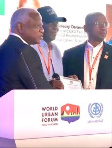Awards Presented at the World Urban Forum, from right, Dr Oluyinka Olumide Hon Commissioner for Physical Planning and Urban Development and 2nd left, Hon Fatai Akinderu Commissioner for Housing and 1st left, Prof Samual Daramola who presented the award on behalf of Institute for Environment Research and Development (IERD).